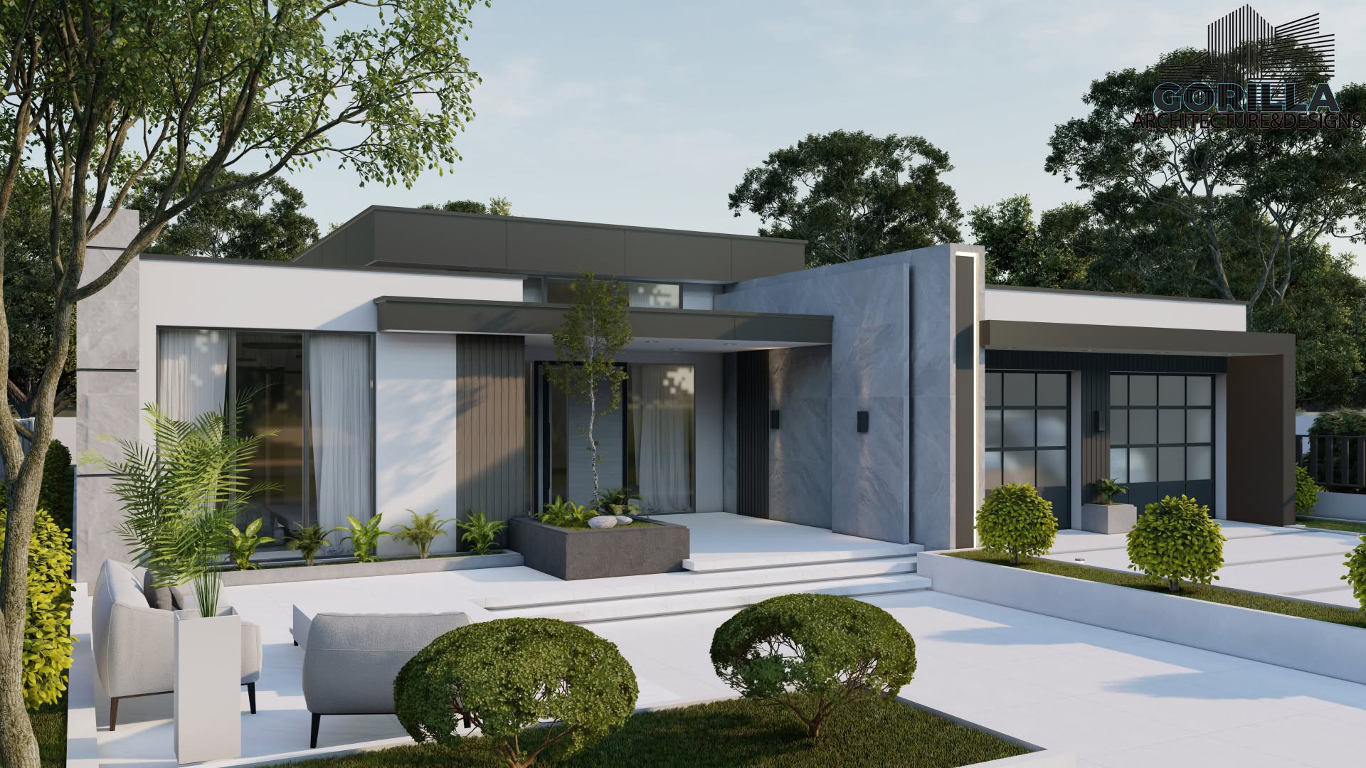 Single-storey villa with a marble feature wall and planted courtyard.