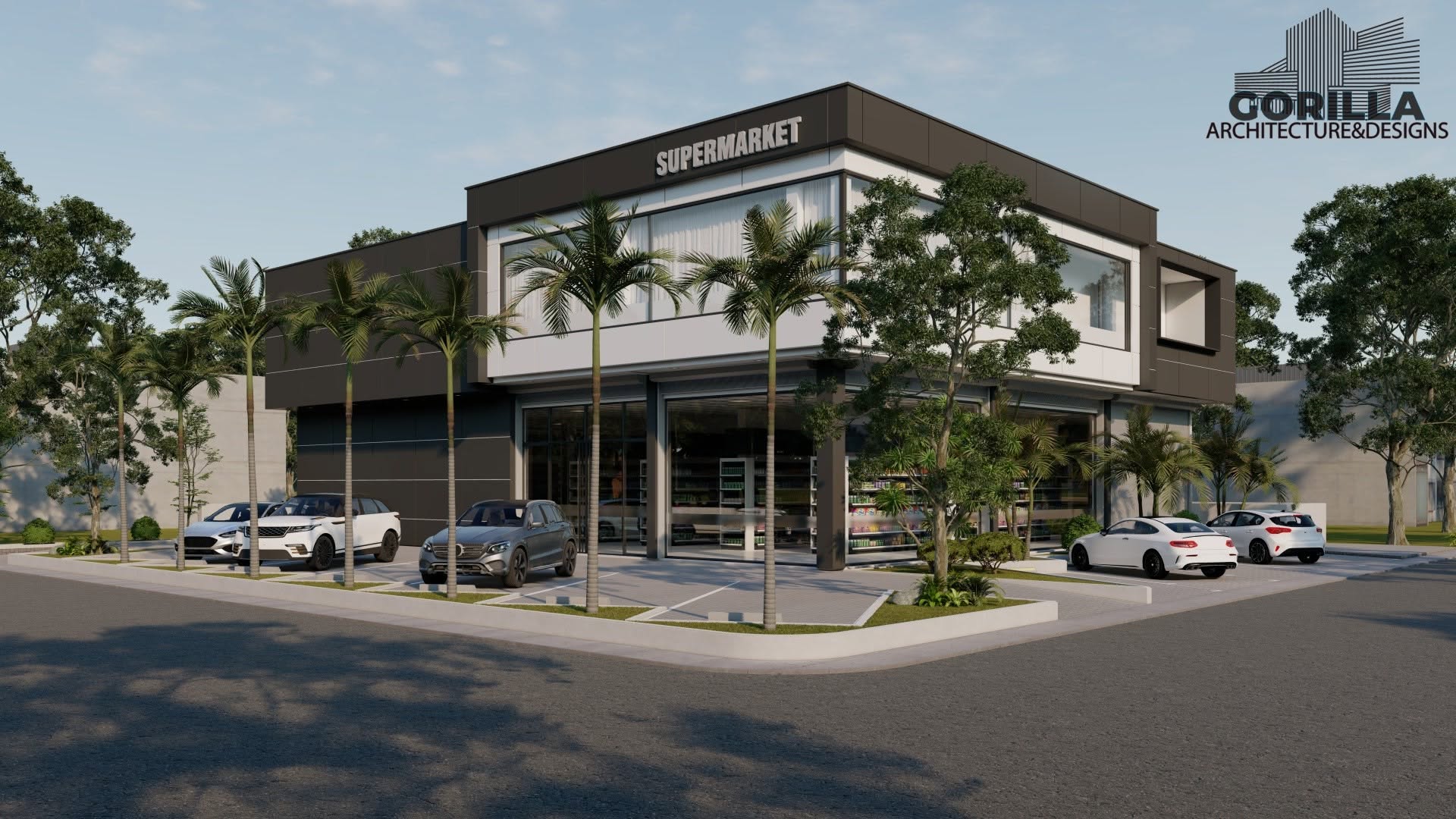 Two-storey supermarket on a corner site with palms and parking.